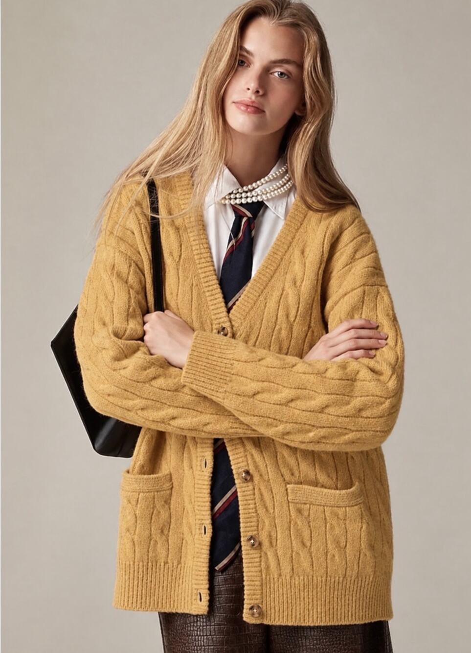 J. Crew Relaxed Cable-Knit Stretch Cardigan Sweater in Camel Size Small/Medium